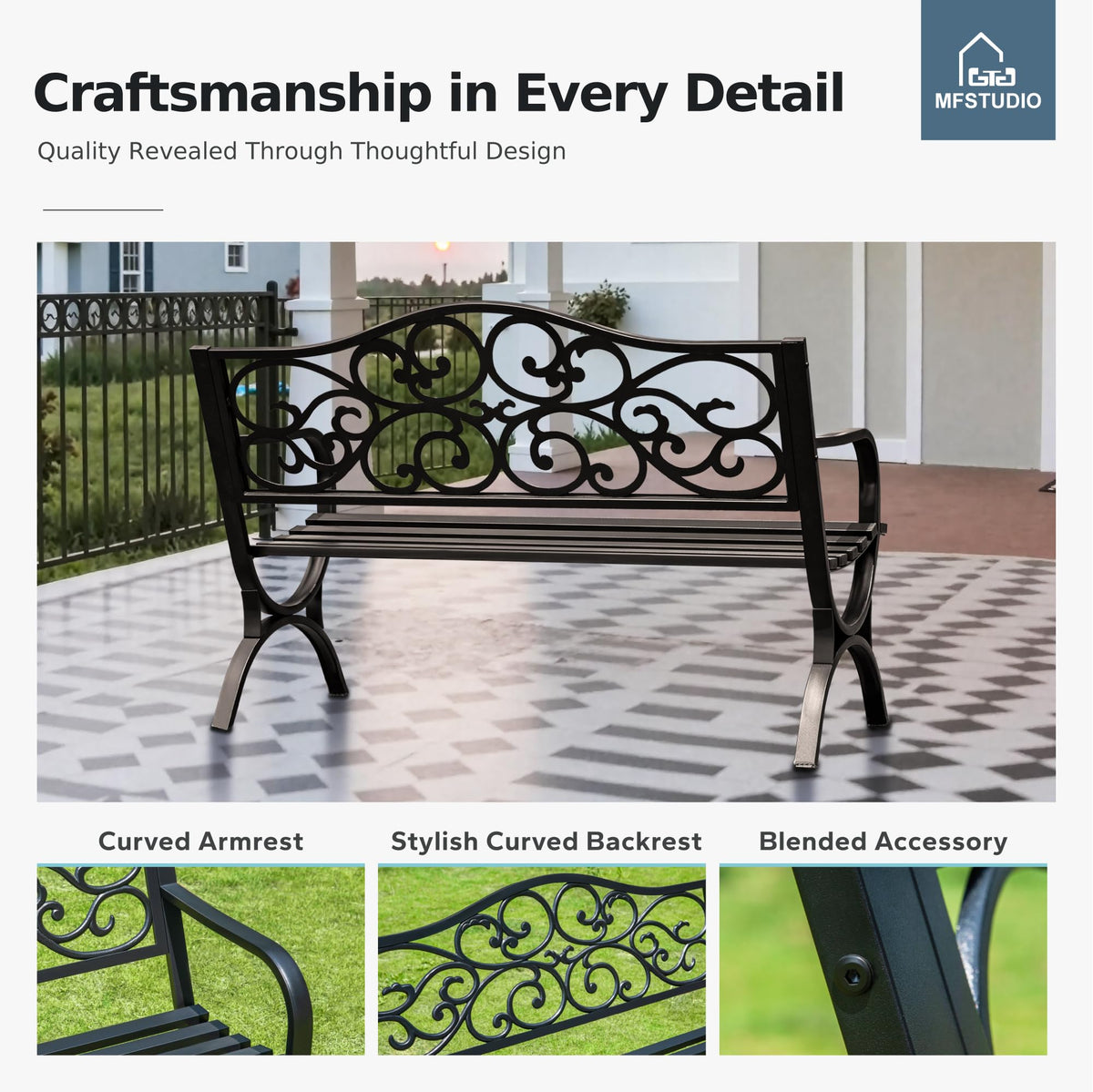 MFSTUDIO 50 Inches Outdoor Garden Bench Cast Iron Metal Frame, Floral Black