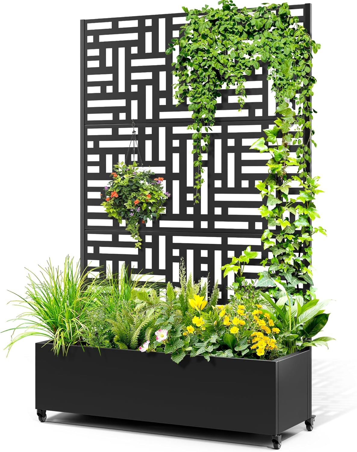 Metal Raised Garden Bed with Trellis, 2-in-1 Planter Box & Privacy Screen for Climbing Plants