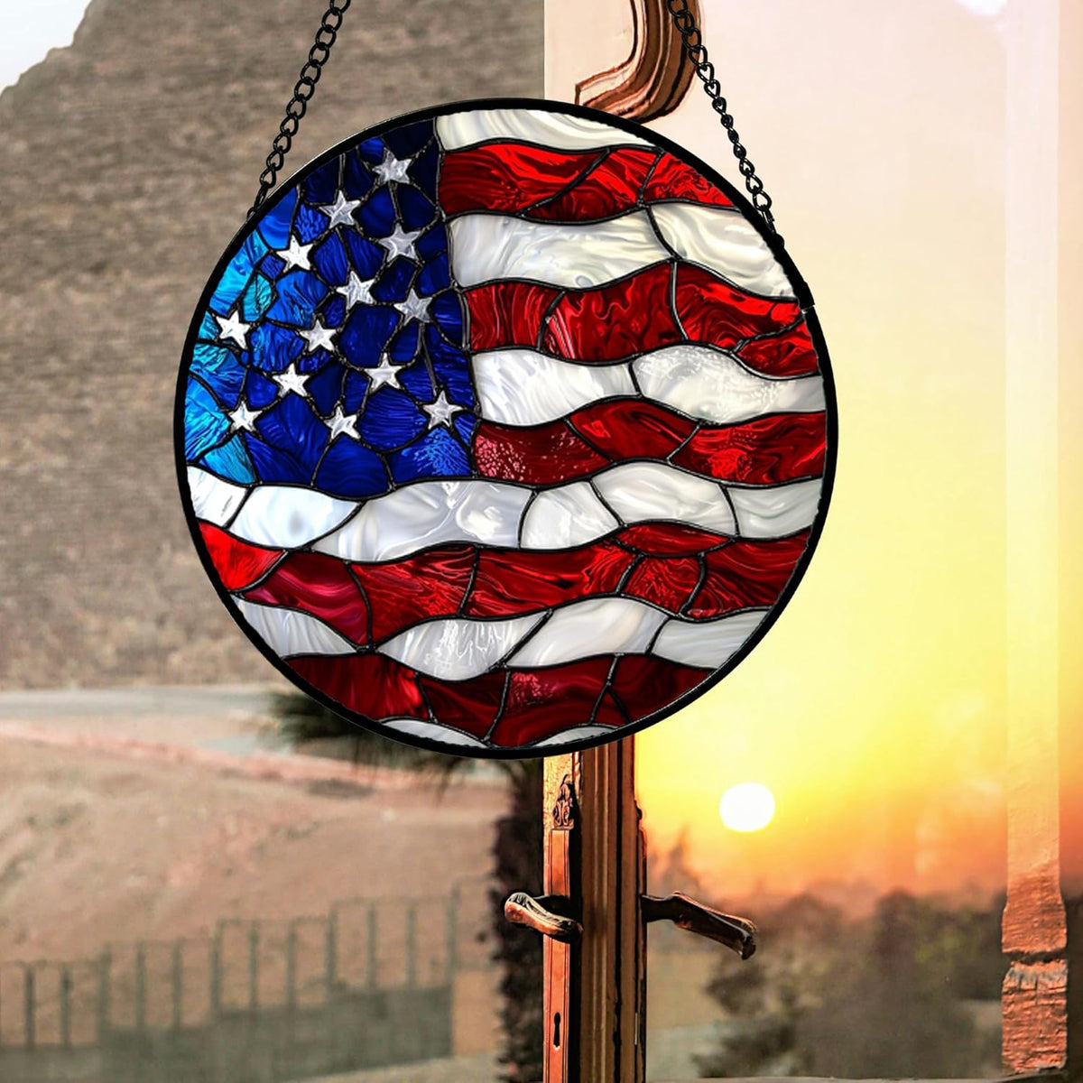 Stained Glass Window Hanging, Blue, White Red National Flag Pattern Sun Catchers Diamond Glass