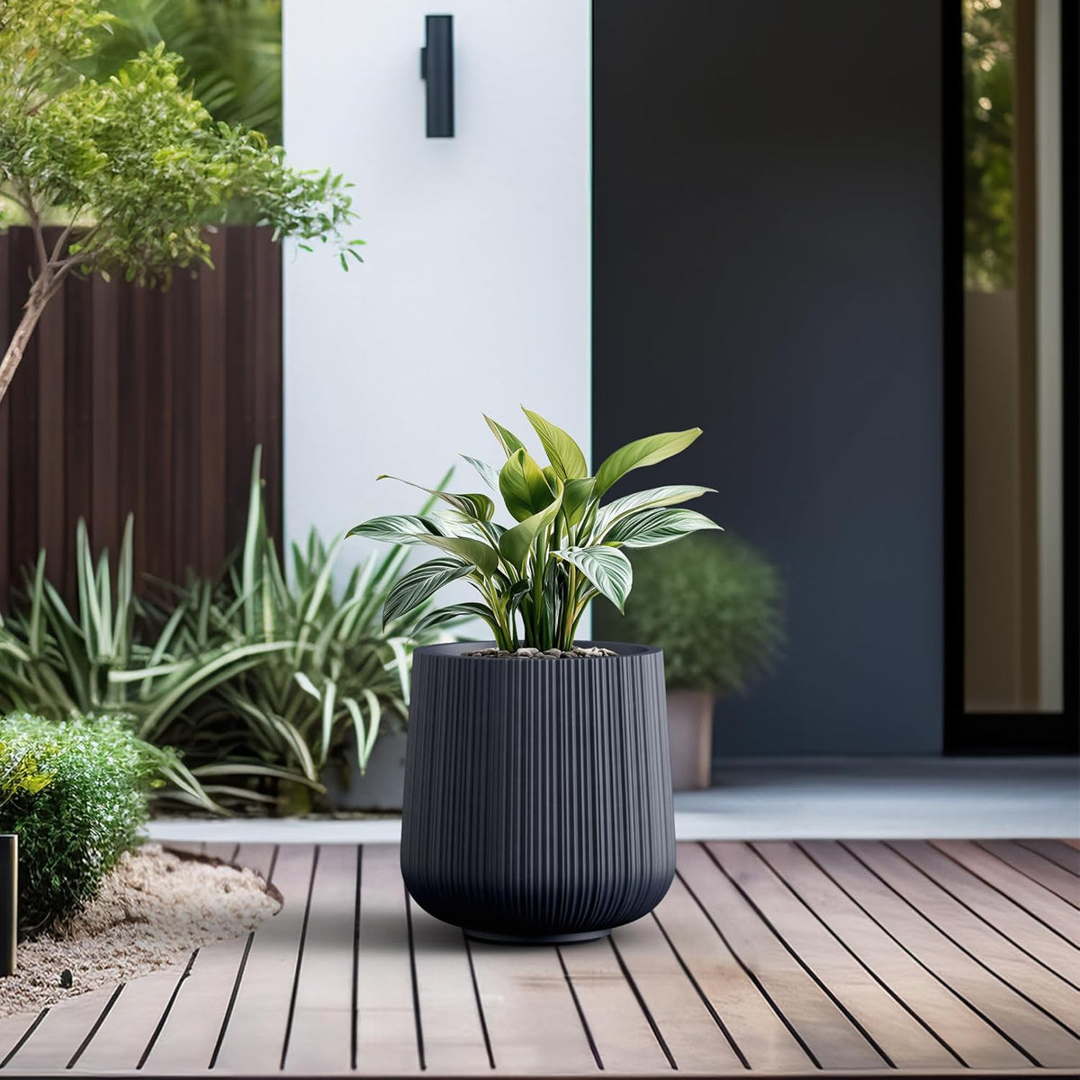 Kante 13.0" Dia Round Fluted Concrete Planter, Large Plant Pot with Drainage, Smooth Charcoal