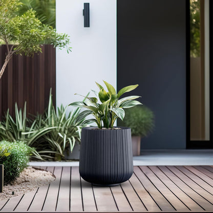 Kante 13.0" Dia Round Fluted Concrete Planter, Large Plant Pot with Drainage, Smooth Charcoal