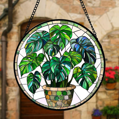 Stained Glass Window Hanging, Green Plant Monstera t Suncatcher Diamond Colorful Glass Panel Sun