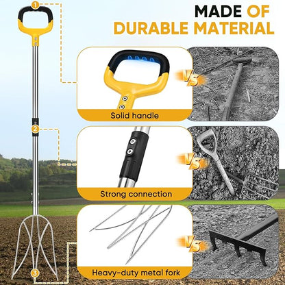 Pitchfork for Gardening, 48.5" Extendable Stainless Steel Garden Pitchfork with Handle, Suitable