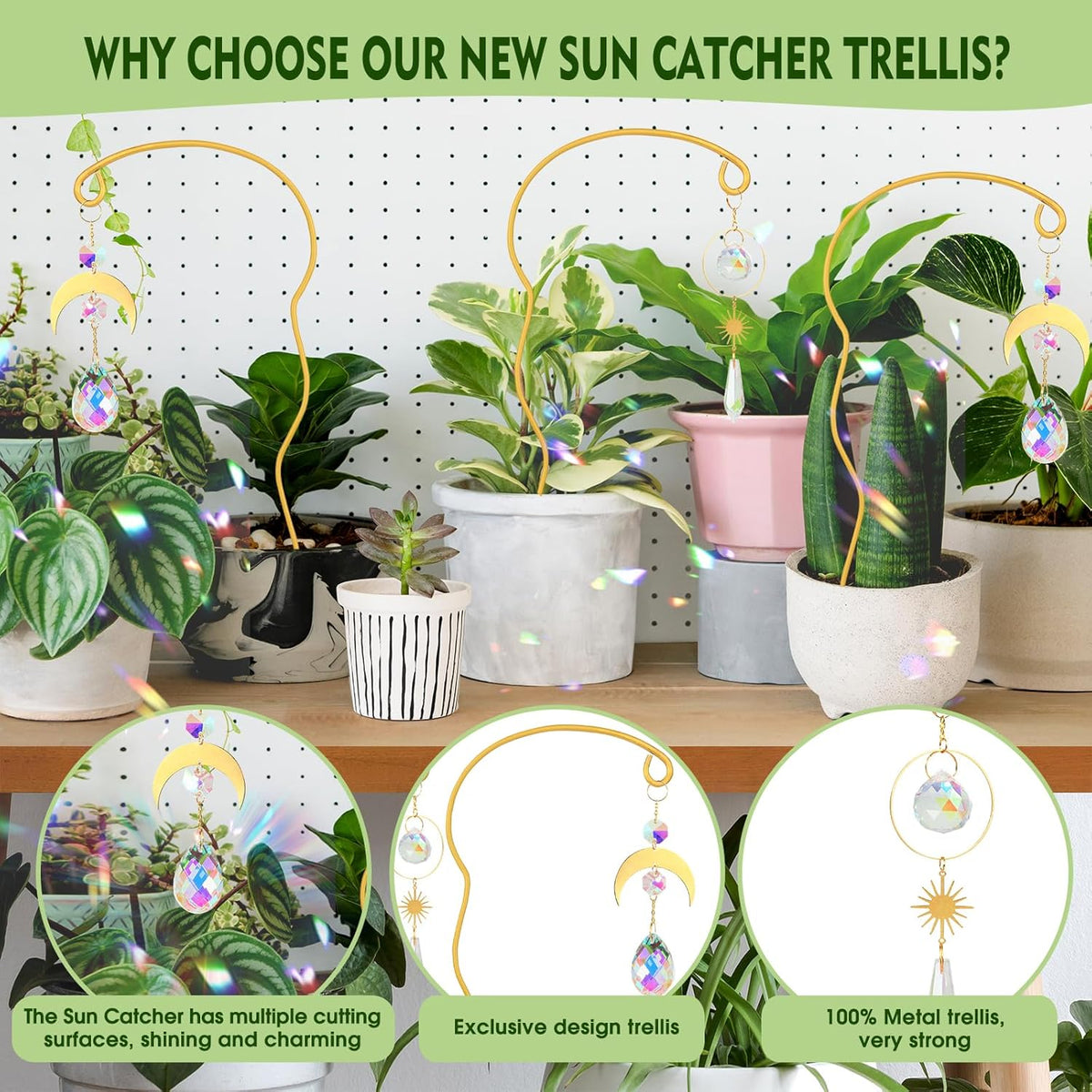 Plant Trellis for Potted Plants with Colorful Crystal Sun Catcher, 17.5 Inch Metal Plant Stakes for