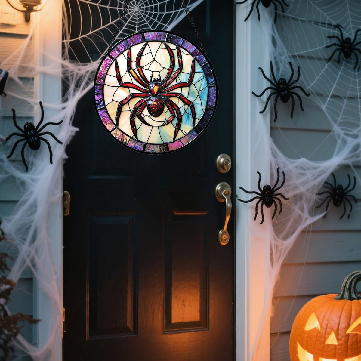 Stained Glass Window Hanging - Halloween Decorations Red Spider Goth Suncatcher for Doors Garden