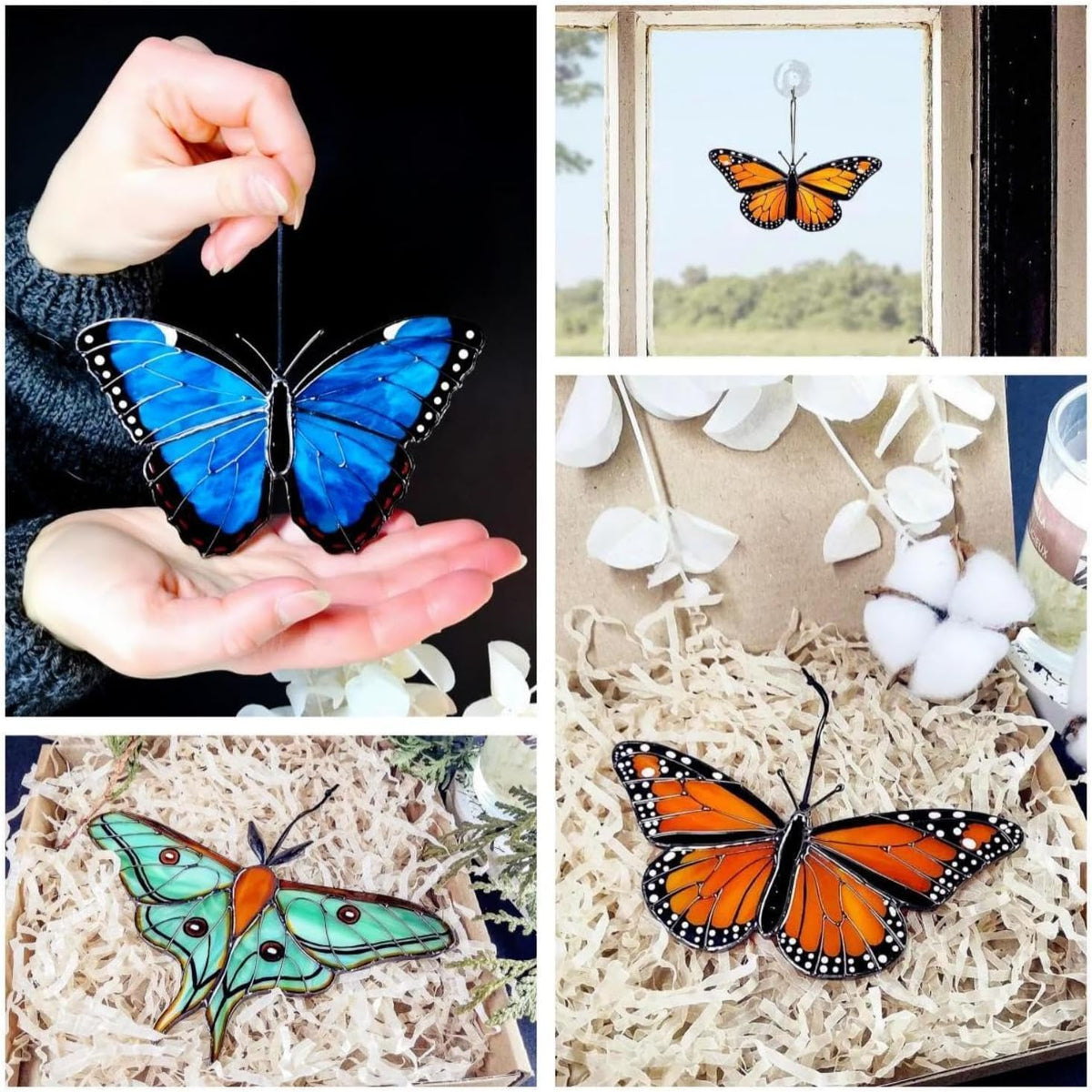 A-Blue 2024 New Handmade Stained Glass Butterfly Suncatcher, Sun Catcher Hanging for Car, Butterfly