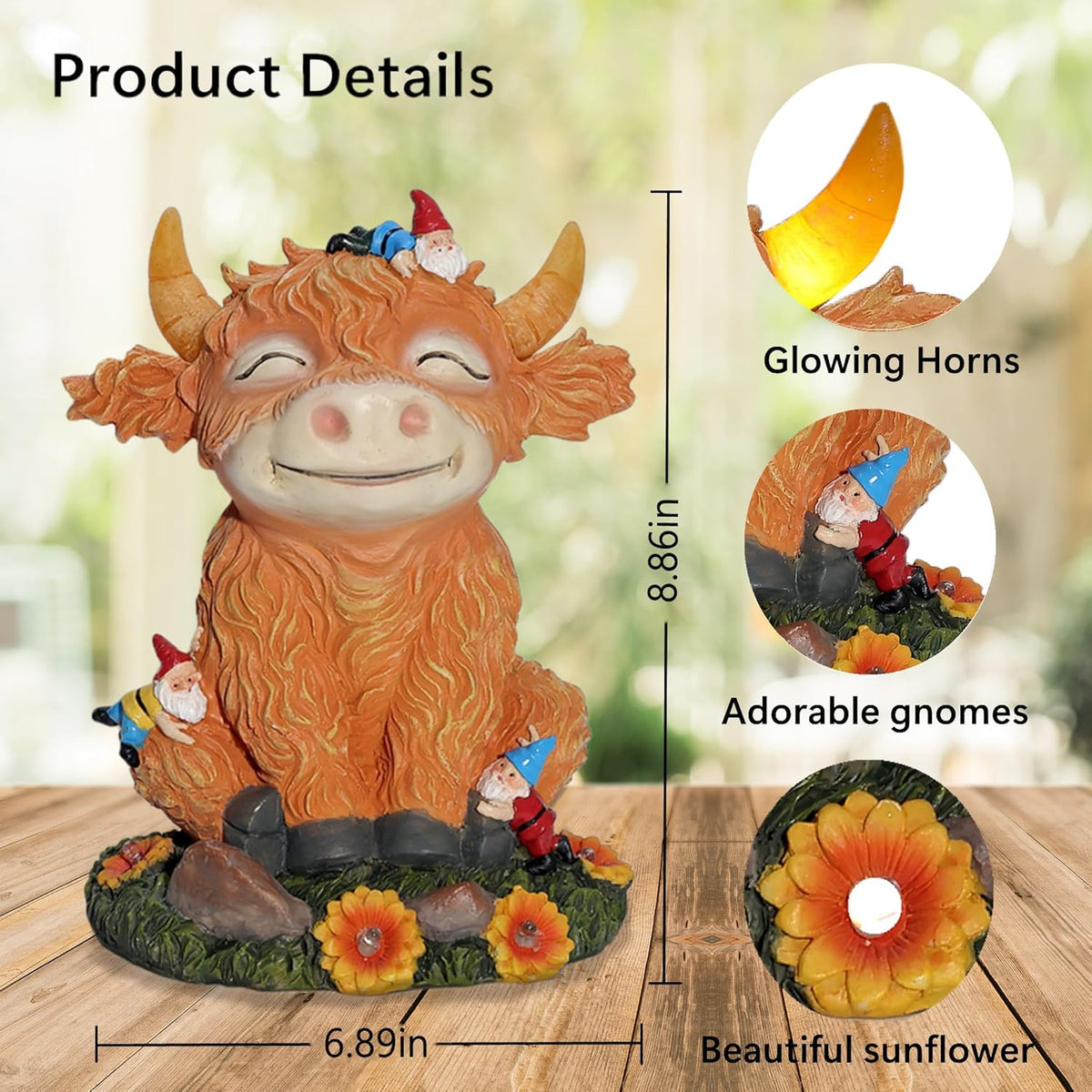 Solar Garden Statue Highland Cow Figurine with Funny Gnomes Garden Outdoor Decor for Yard Patio
