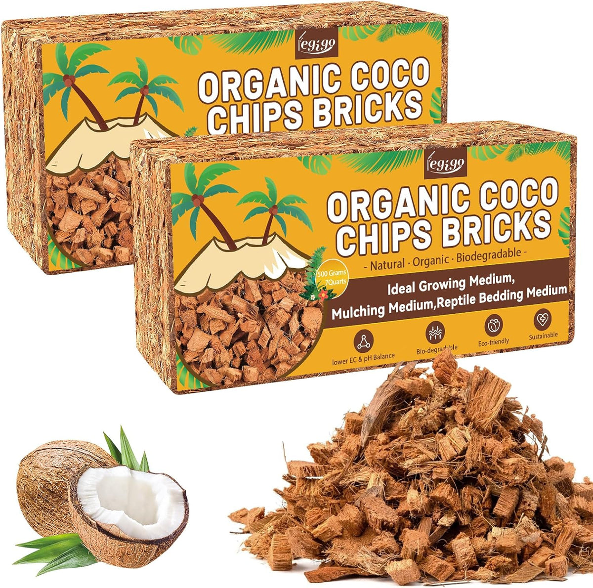 Legigo 2 Pack Coco Husk Chips- 2.2 LB 100% Organic Coconut Coir Chips Brick Potting Soil Mix with