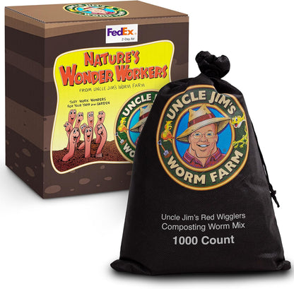 Uncle Jim's Worm Farm 1000 Count Red Wiggler Composting Worms Mix for Garden Soil or Fishing | Pack