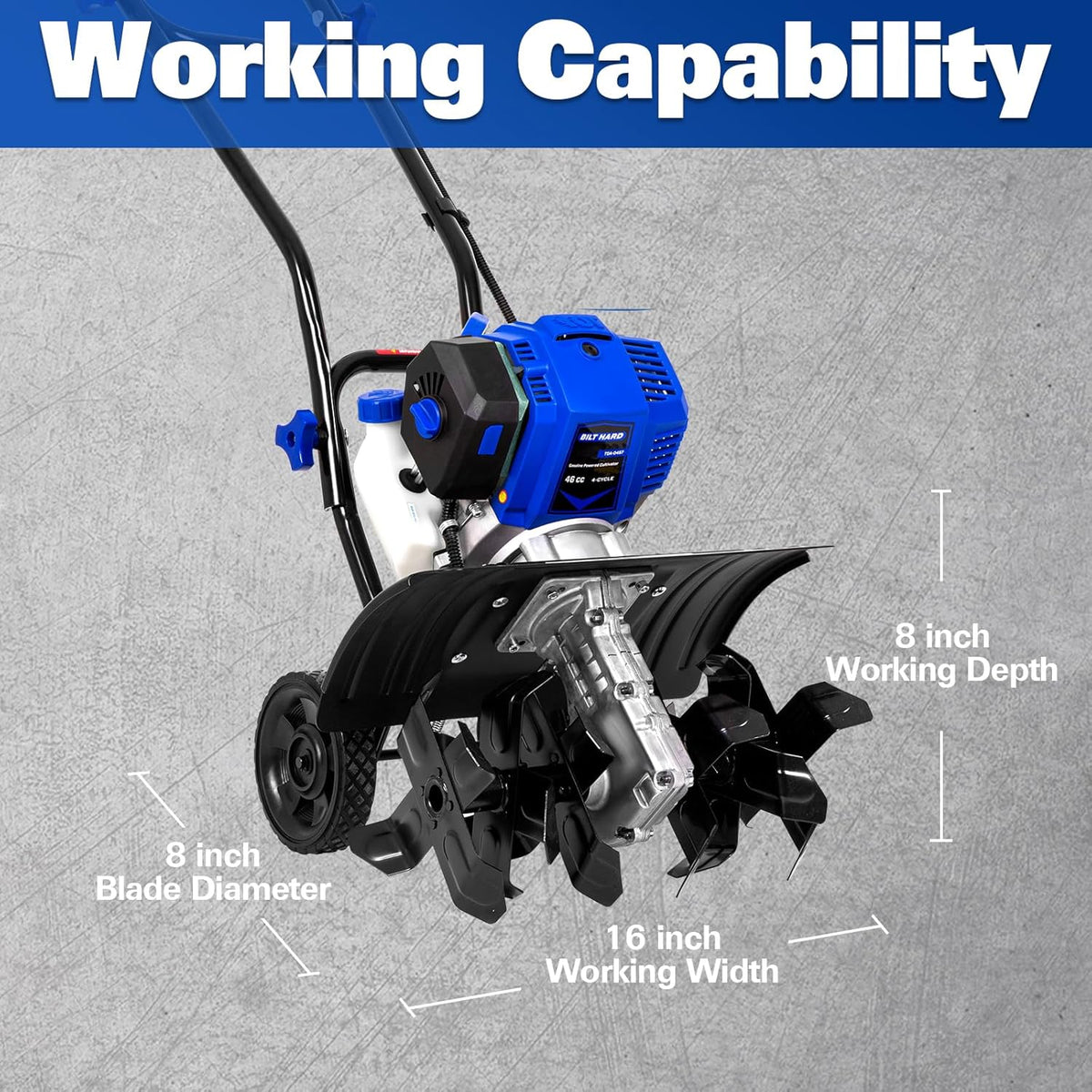 BILT HARD 46cc 4-Cycle 1.9HP Gas Powered Tiller Cultivator - 16" Heavy-Duty Steel Tines Rototiller