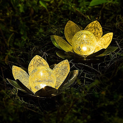 Huaxu Solar Lights Outdoor Garden, Crackle Globe Glass Lotus Decor, Waterproof LED Metal Flower