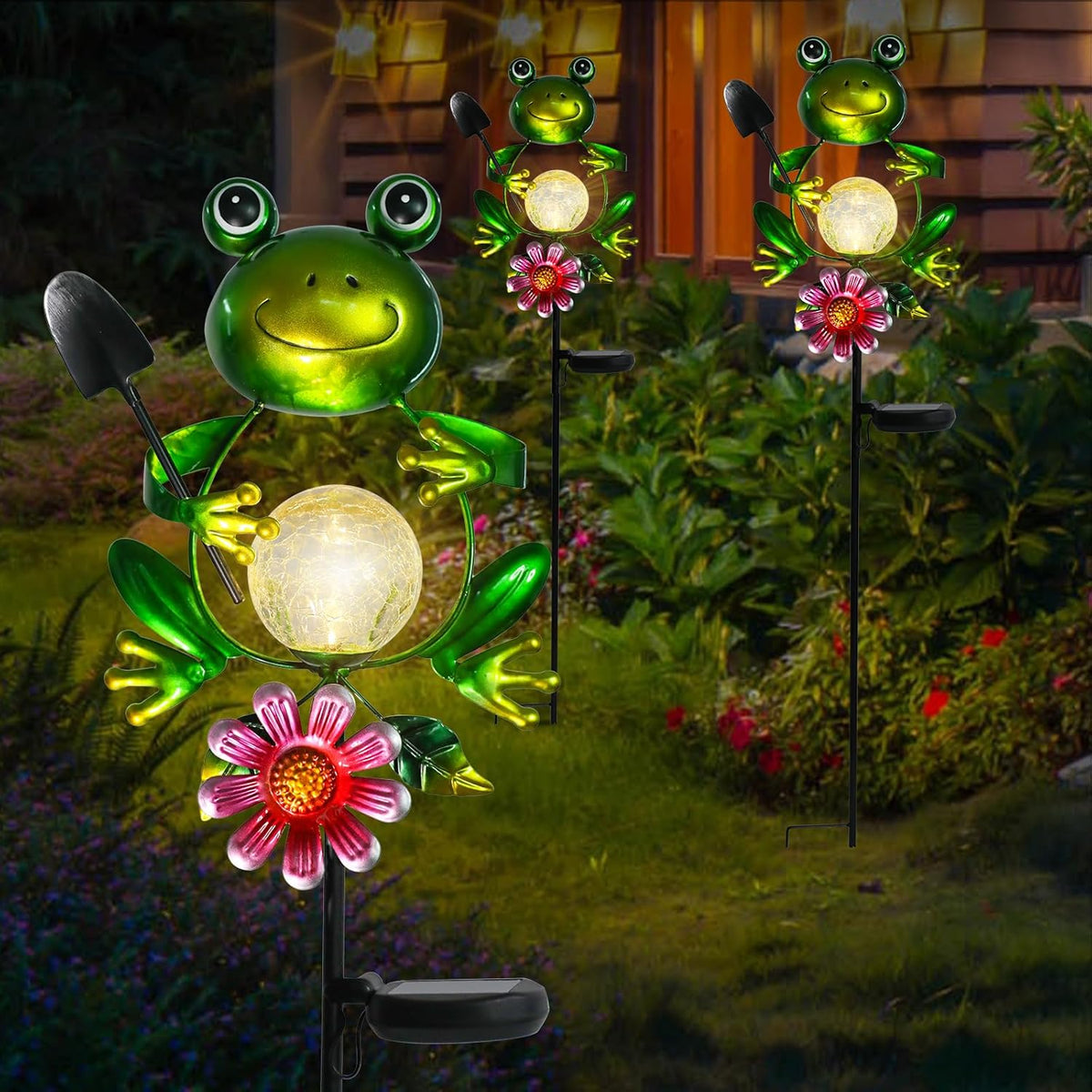 Afirst Solar Lights Outdoor Decorative Metal Frog Crackle Glass Globe Warm White LED Metal