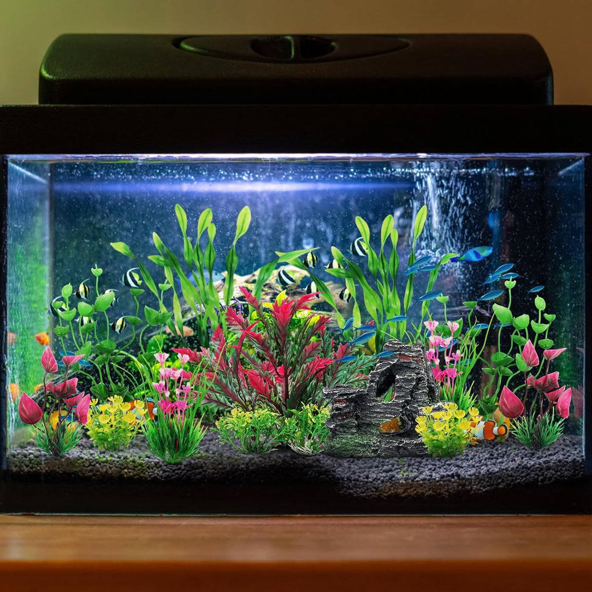 Fish Tank Accessories Aquarium Plants, 12pcs Colorful Fish Tank Artificial Plants and Cave Rock