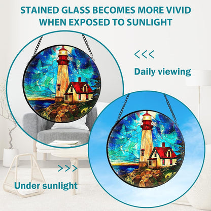 Lighthouse Stained Glass Window Hanging, Suncatcher Diamond Glass Panel Hangings, Suncatchers
