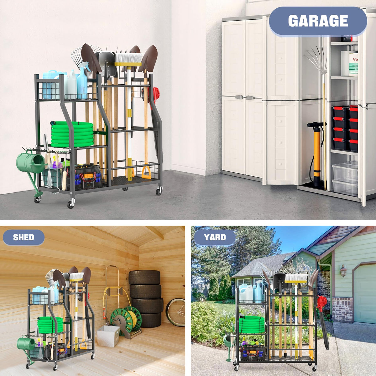 WALMANN Garden Tool Organizer with Wheels for Garage, Large Storage Capacity, Rakes/Shovels/Yard