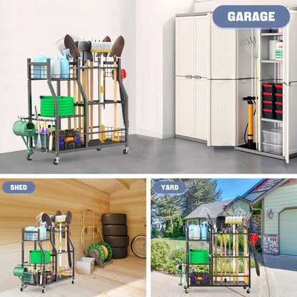WALMANN Garden Tool Organizer with Wheels for Garage, Large Storage Capacity, Rakes/Shovels/Yard
