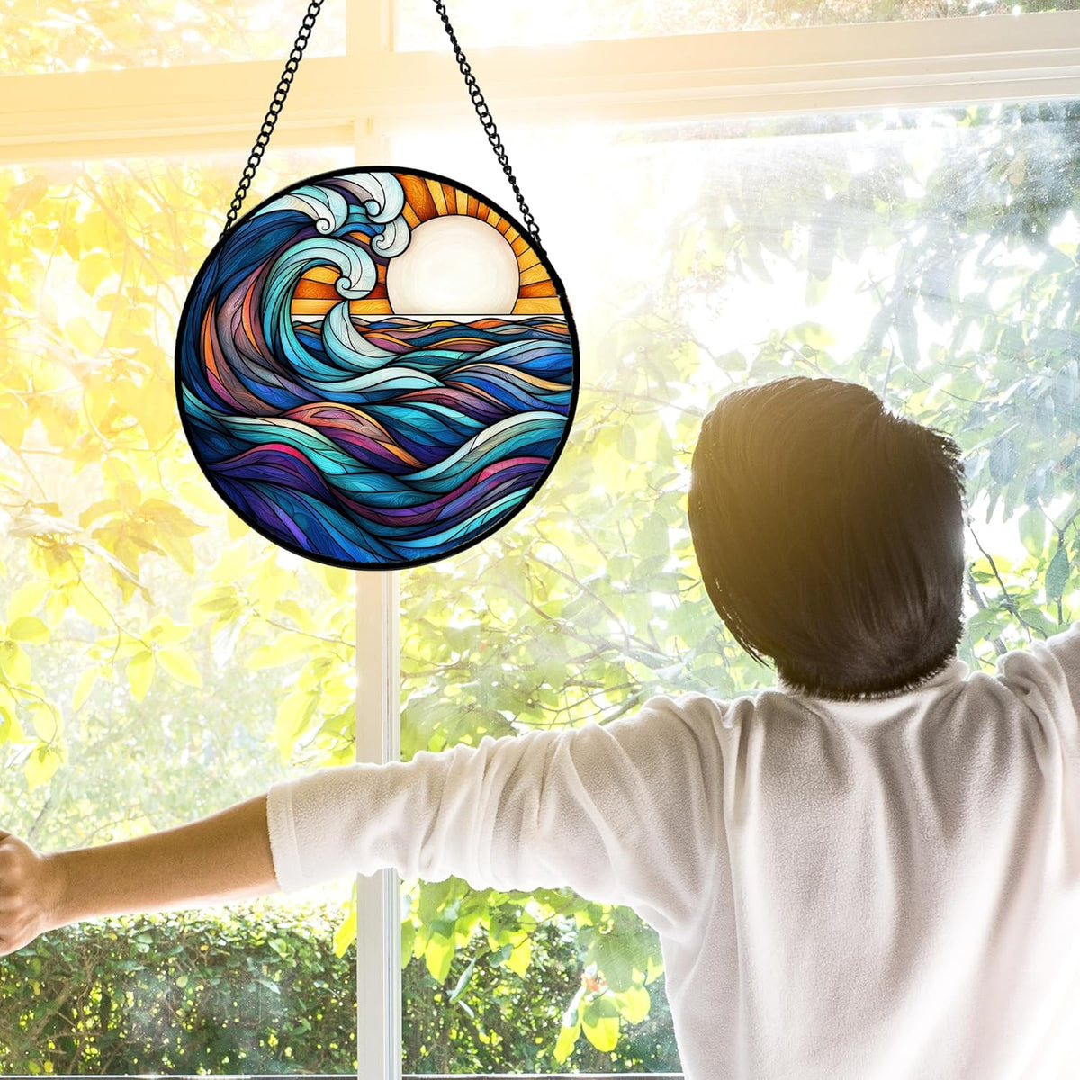 Stained Glass Window Hanging, Big Wave Sun Suncatcher Diamond Glass Panel Hangings Abstract Sun