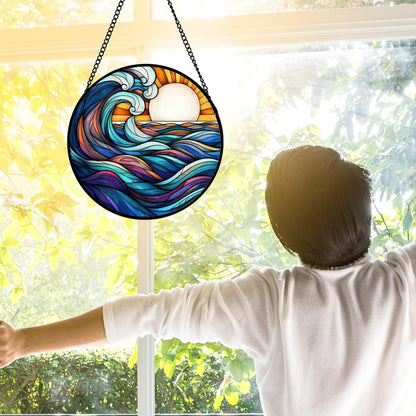Stained Glass Window Hanging, Big Wave Sun Suncatcher Diamond Glass Panel Hangings Abstract Sun