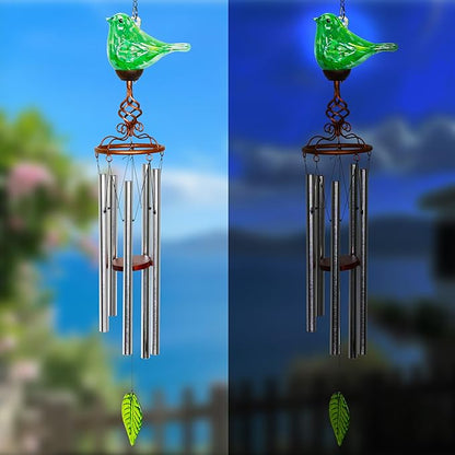 Wind Chimes, Solar Glass Bird Shape, LED, Outdoor Lawn and Patio Glass and Metal Decoration, 7 x 4