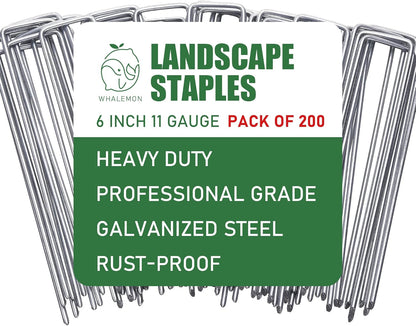 200 Pack Landscape Staples 6 Inches 11 Gauge Stakes, Galvanized Garden Stakes U-Shaped Pins and