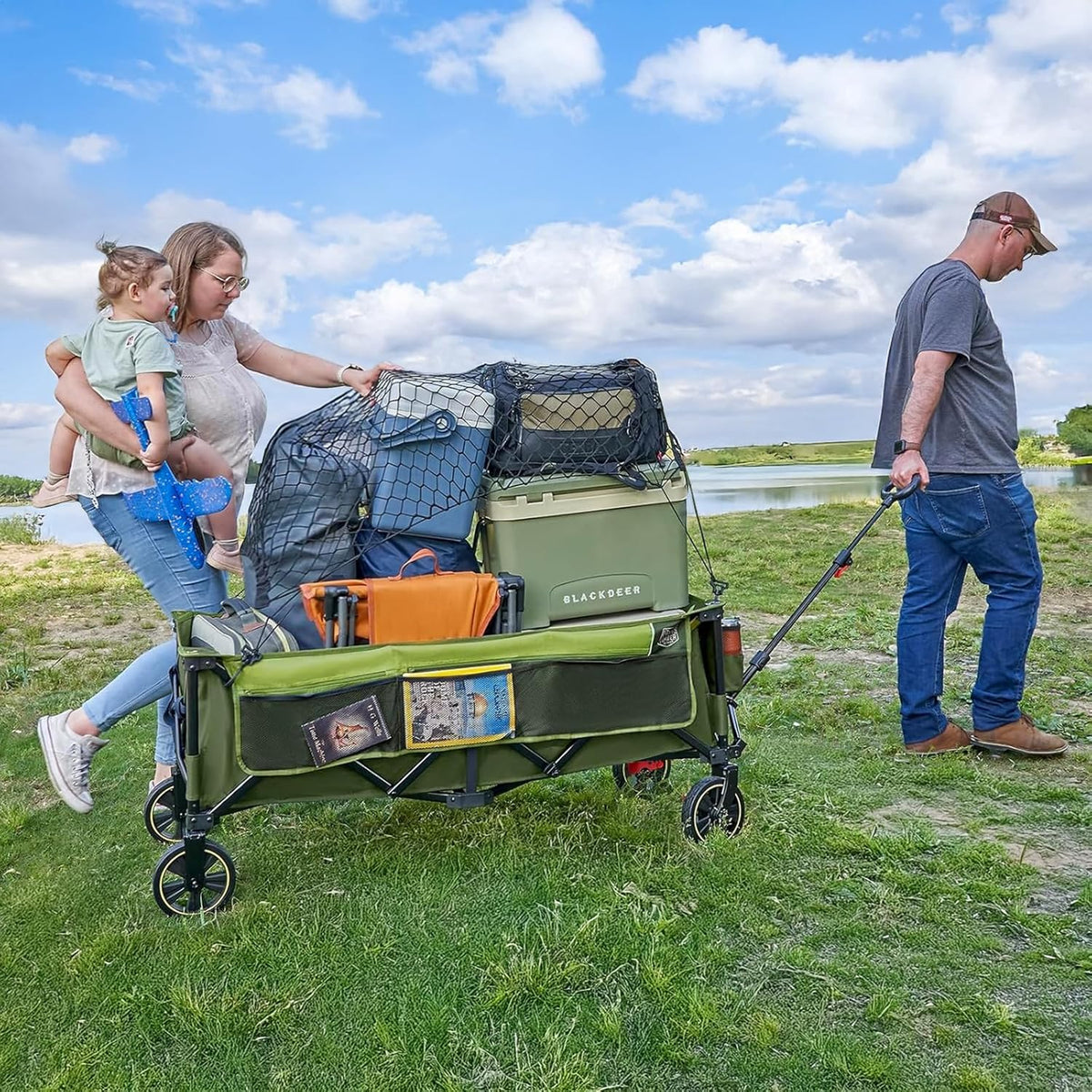 Timber Ridge 51.2'' Extended Collapsible Wagon Cart with Brakes and Cargo Net, Heavy Duty Foldable