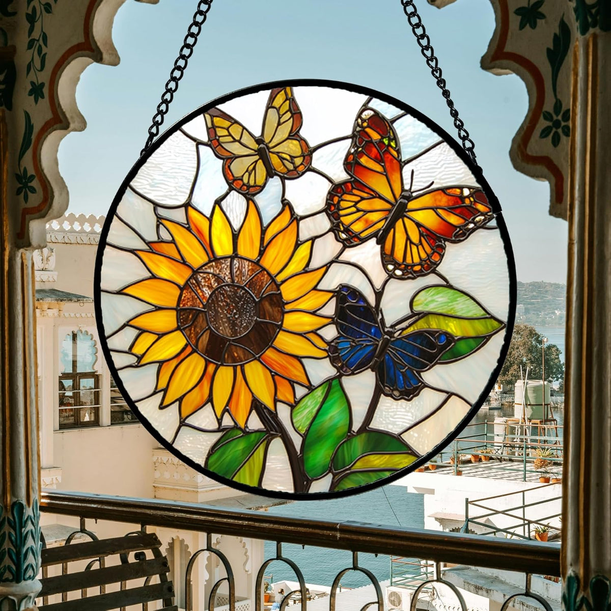 Stained Glass Window Hanging, Butterfly and Sunflowers Sun Catchers Glass Panel Plant Insects