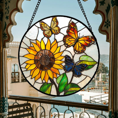 Stained Glass Window Hanging, Butterfly and Sunflowers Sun Catchers Glass Panel Plant Insects