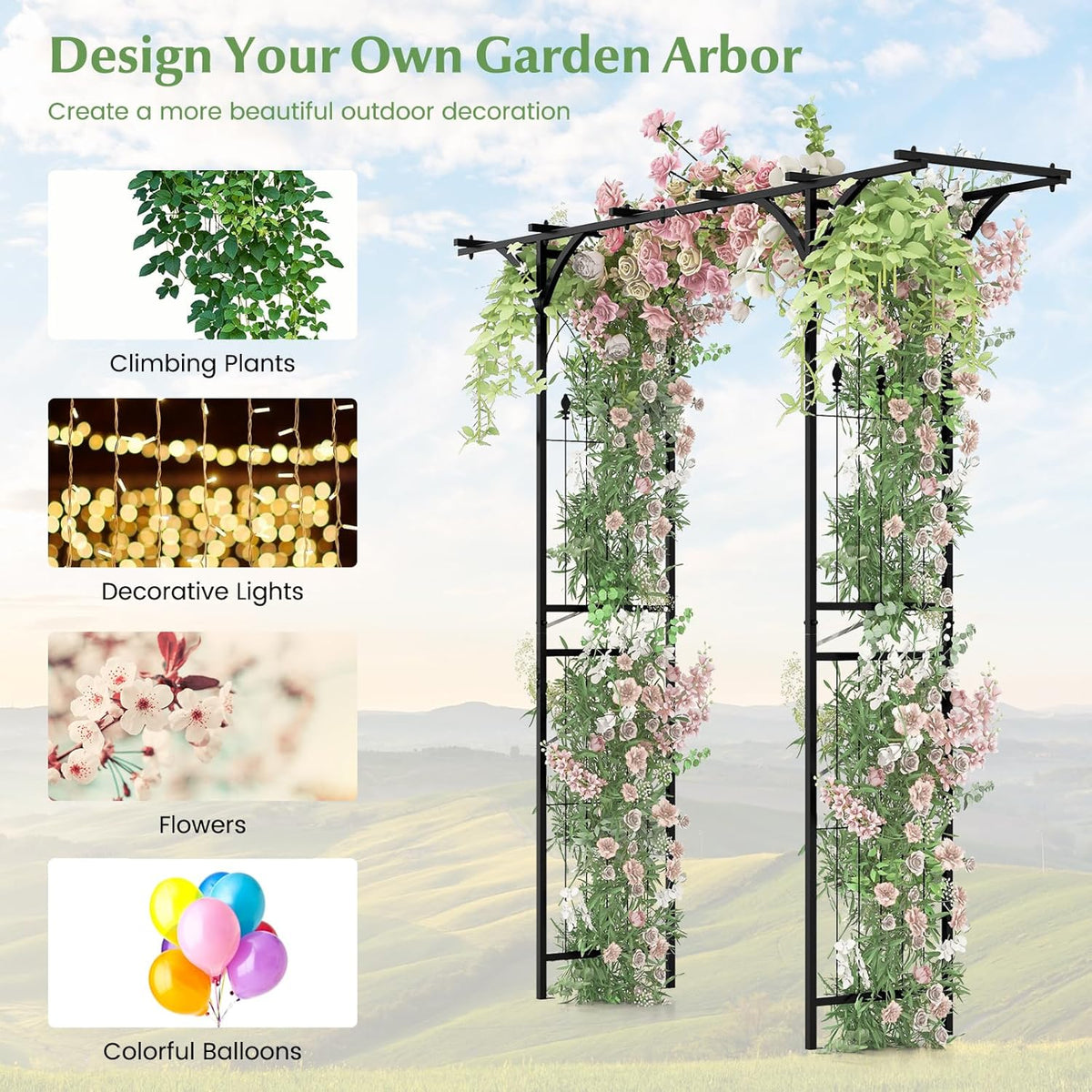 LDAILY Wedding Arch, 6.8FT Rustproof Metal Garden Arbor with Extended Roof & 4 Stakes, Outdoor
