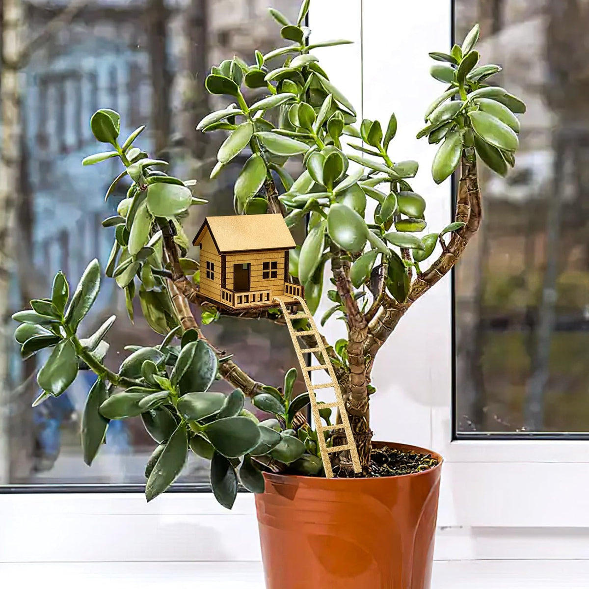 Mini Wooden Treehouse with Ladder – Plant Mini Treehouse, Miniature Flower Pot Tree House, Fairy