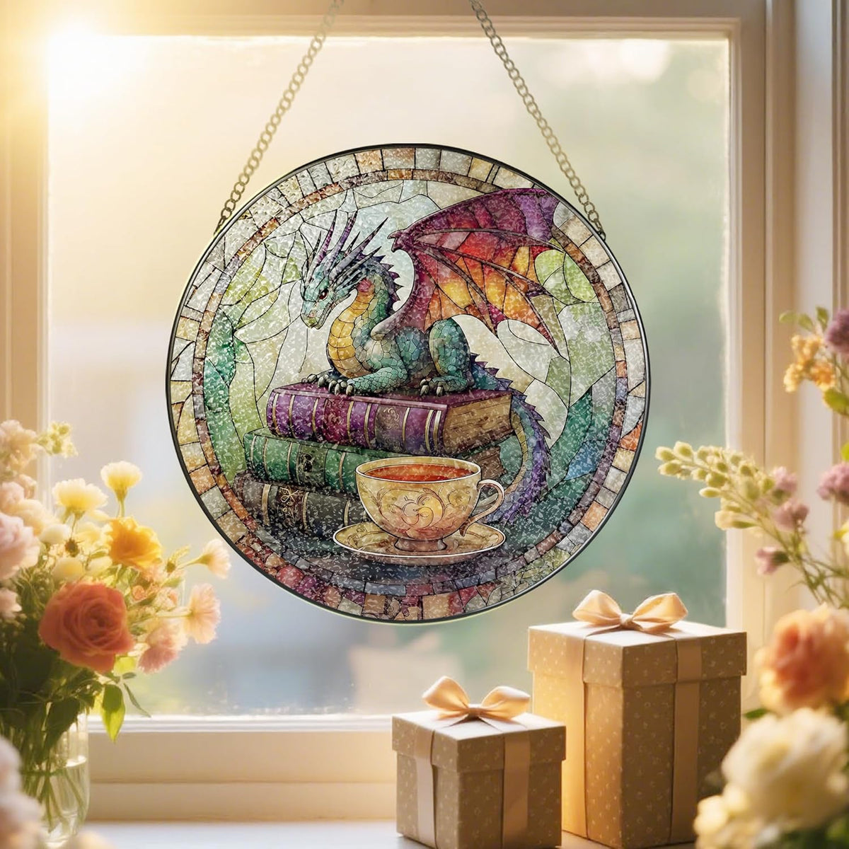 Dragon Stained Glass Window Hanging, 8 Inch Sun Catchers Indoor Window, Suncatchers for Windows