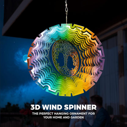 Skylar Tree of Life Wind Spinner, Stainless-Steel Garden Decor, 3D Wind Charm with Holographic