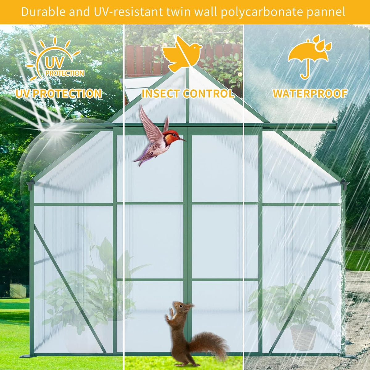 KEIKI 8x10 FT Double Door Polycarbonate Greenhouse with Aluminum Frame,Raised Base and Roof