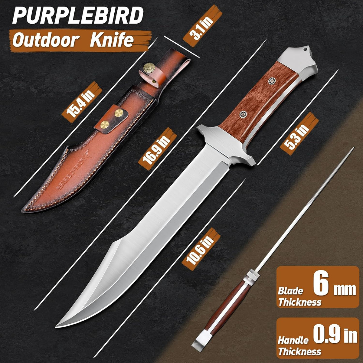 PURPLEBIRD 10" Fixed Blade Hunting Knife for Men, Full Tang Bowie Knife with Sheath, Heavy Duty