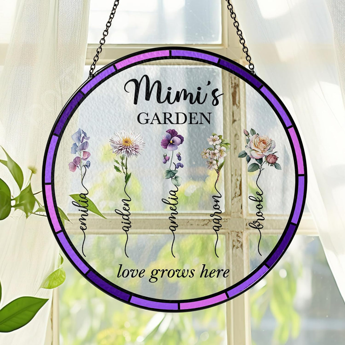 NAZENTI Personalized Nana's Garden Stained Glass Suncatcher with Birth Month Flowers, Custom