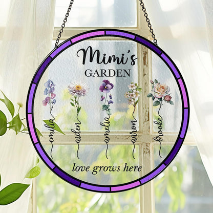 NAZENTI Personalized Nana's Garden Stained Glass Suncatcher with Birth Month Flowers, Custom