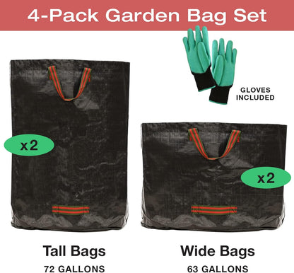 Excello 4-Pack 72 and 63 Gallon Reusable Heavy Duty Gardening Waste Bag Set with Gloves (Black)