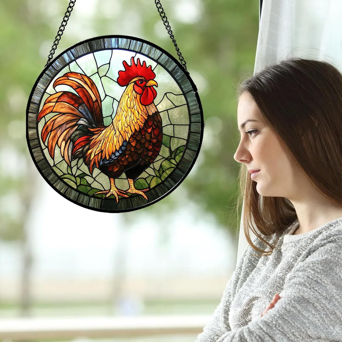 Stained Glass Window Hanging - Rooster Suncatcher for Doors Garden Patio Retro PColored Chicken Sun