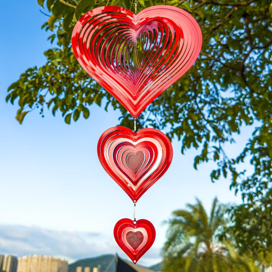Wind Spinners Outdoor, 3D Red Hearts Hanging Wind Spinners, 14 inches, Kinetic, Stainless-Steel