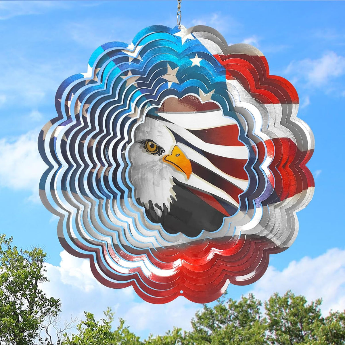 American Flag Wind Spinner - Patriotic Eagle Design | 12In 3D Holographic Hanging Wind Sculptures &
