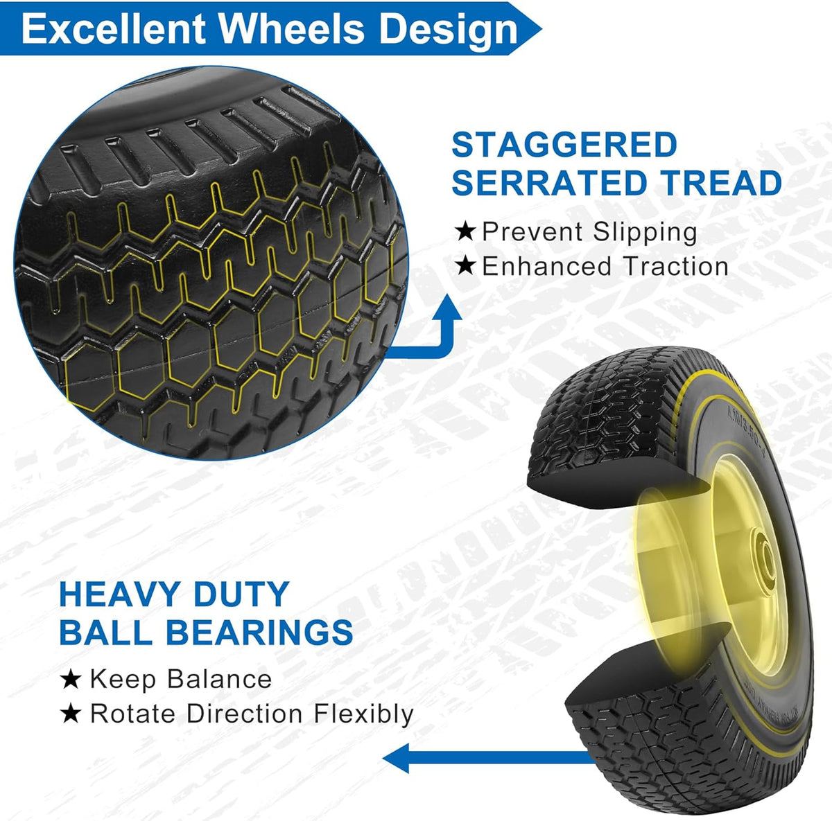 4.10/3.50-4" Flat Free Tires, 10 Inch Solid Tires and Wheels Replacement with 5/8" Axle Bore Hole