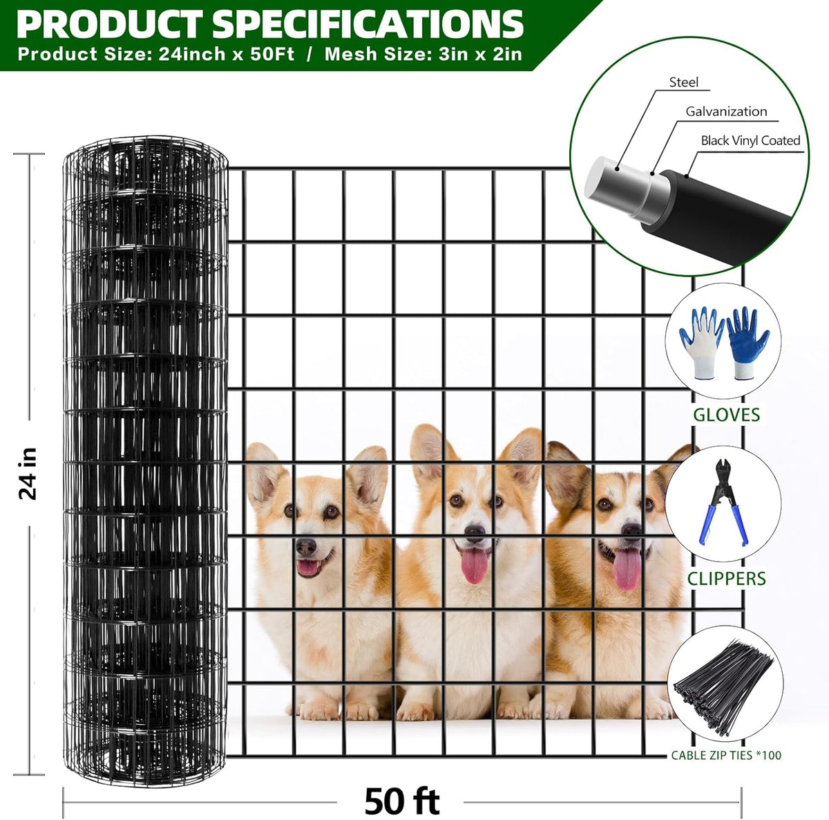 Welded Wire Fence, 50ft(L) x 24inch(H) Garden Fence for Dog, 2 Inch x 3 Inch 16GA Fencing for