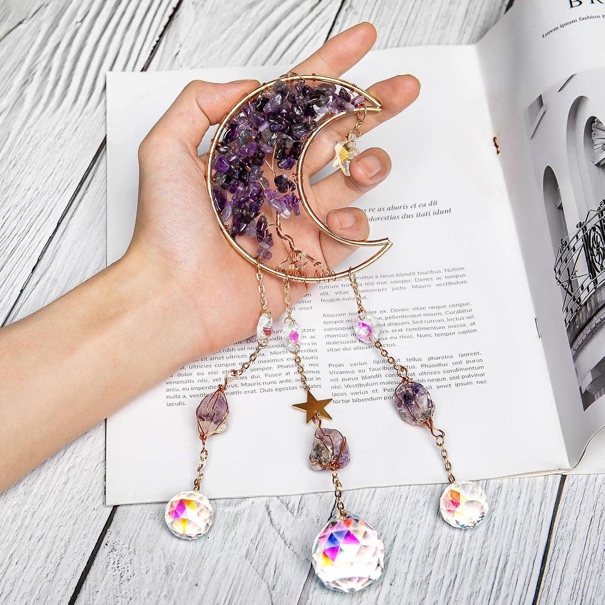 TUOKING Amethyst Crystal Moon Suncatchers for Window Hanging Tree of Life Natural Healing Stones