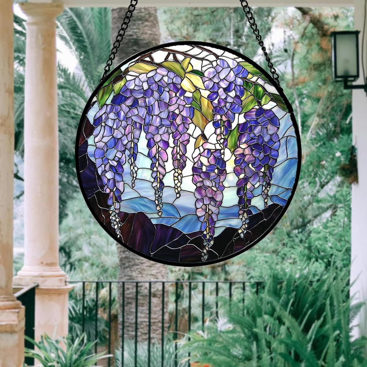 Stained Glass Window Hanging, Purple Wisteria Flowers Suncatcher for Doors Window Home Plant Sun