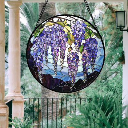 Stained Glass Window Hanging, Purple Wisteria Flowers Suncatcher for Doors Window Home Plant Sun