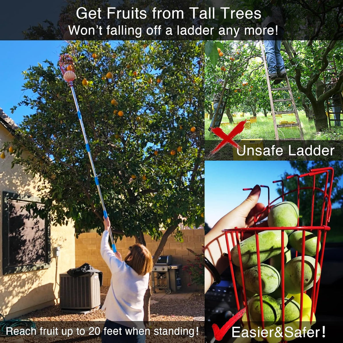 DonSail Pomelo Fruit Picker Pole Tool with Basket Telescoping Long Handle, 35-95 Inch Adjustable