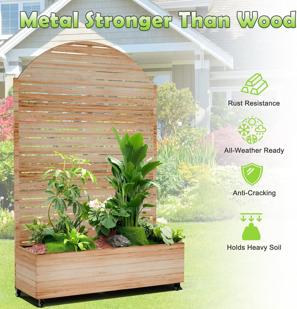 15.7"×70.9"×47.2" Metal Raised Garden Bed with Trellis and Wheels - Tall Trellis Planter Box for