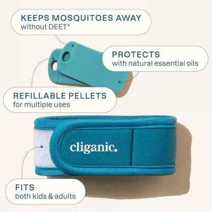 Cliganic Mosquito Repellent Pack (Wristband + 2 Refill Pellets) - Adjustable, Natural DEET-Free