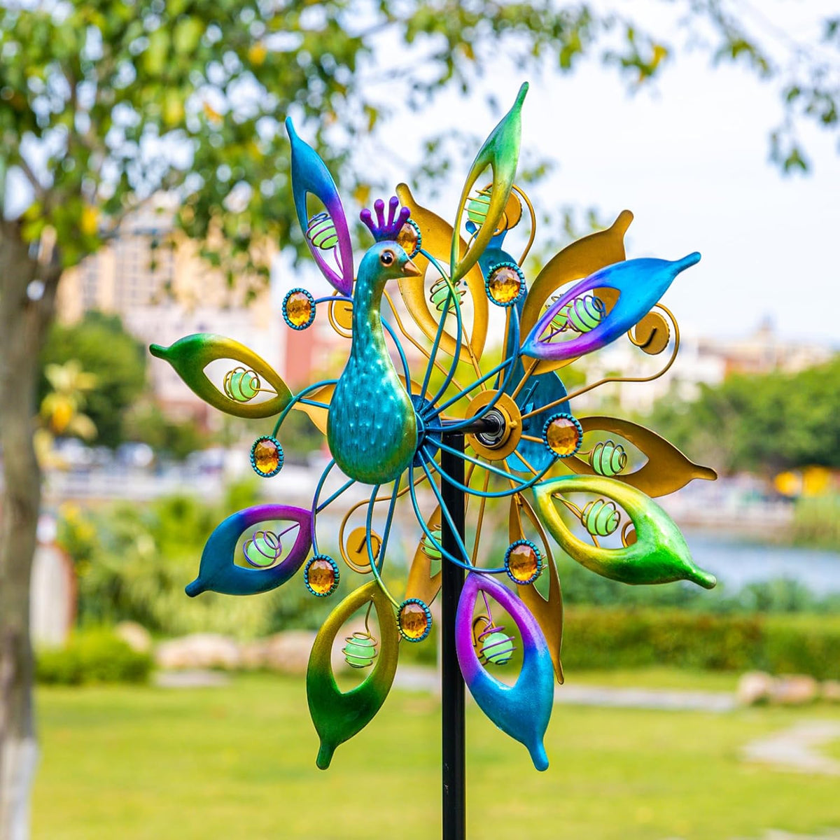 DREAMYSOUL Outdoor Peacock Wind Spinners with Gem Decor, 13" D*65" H Double Sided Kinetic Wind