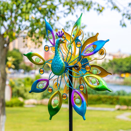 DREAMYSOUL Outdoor Peacock Wind Spinners with Gem Decor, 13" D*65" H Double Sided Kinetic Wind