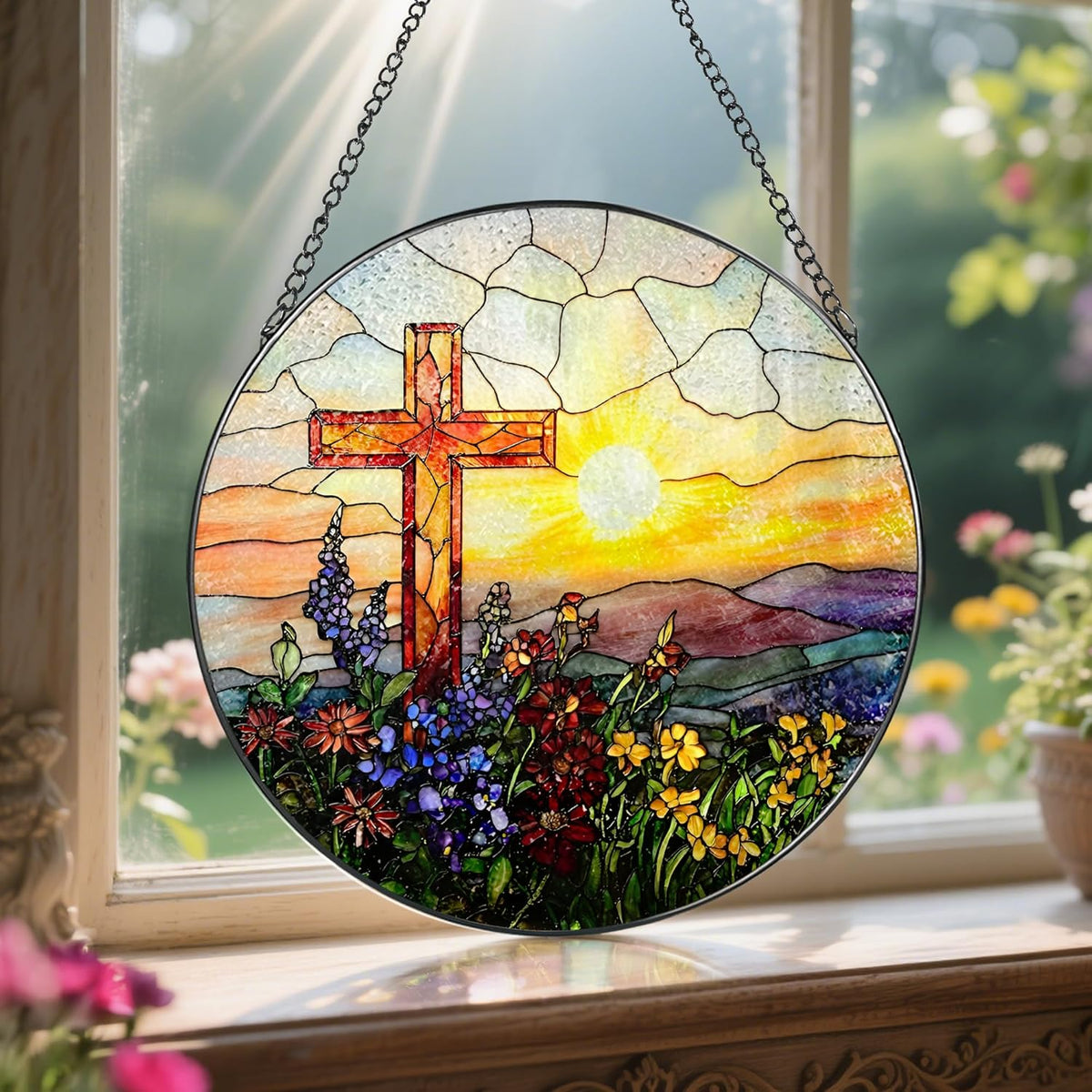 8 Inch Cross Sunset Suncatchers for Windows Hanging, Indoor Decor 8 Inch, Stained Glass Gift